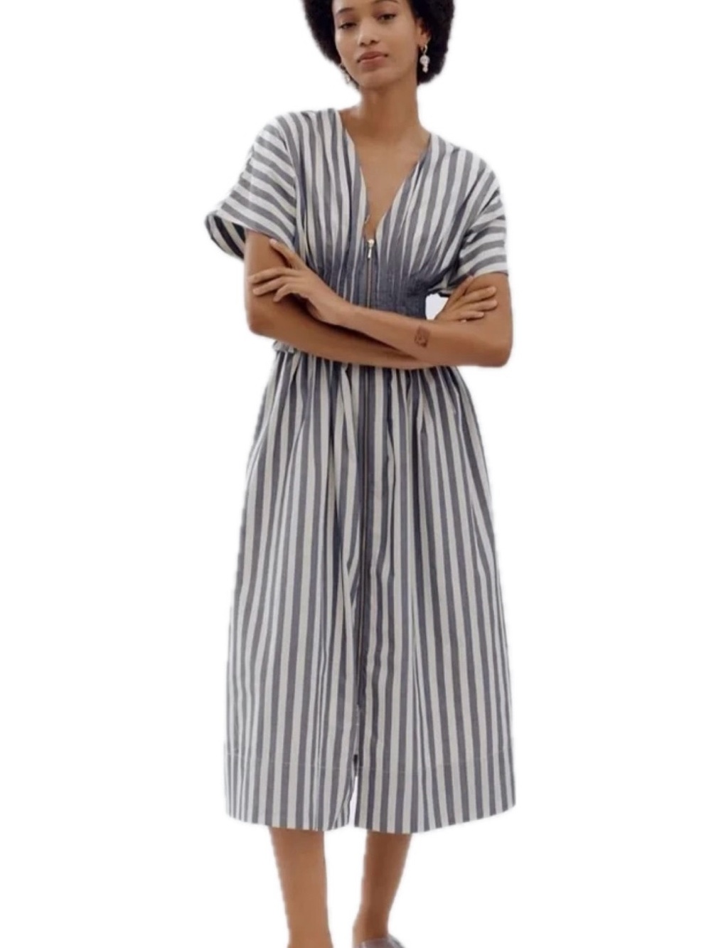 Anthropologie Blue & White Striped Zip-Front Cotton Midi Dress